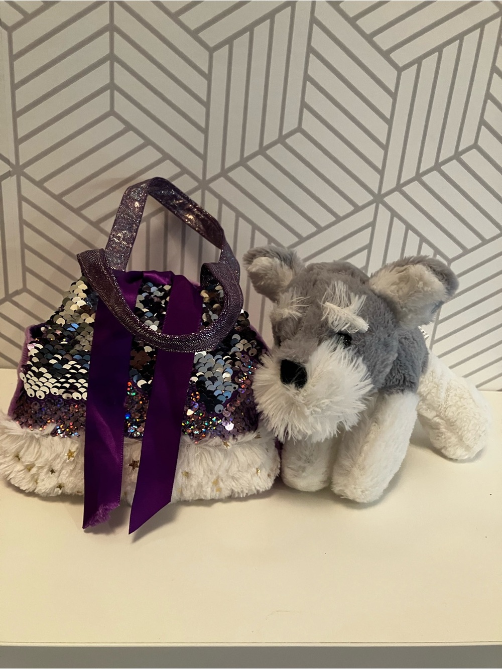 Plush Grey and White Puppy Toy with Purple Sequin Tote - Kids Toys